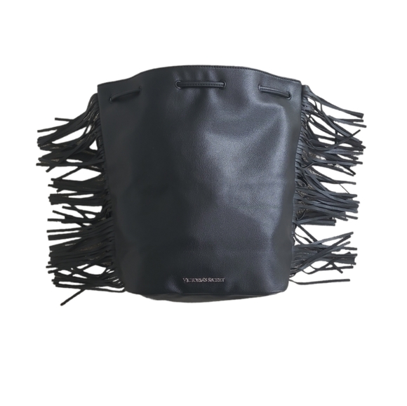 NWOT new Victoria's Secret Black Fringe BackPack Limited Edition W/ Drawstrings - Picture 2 of 12